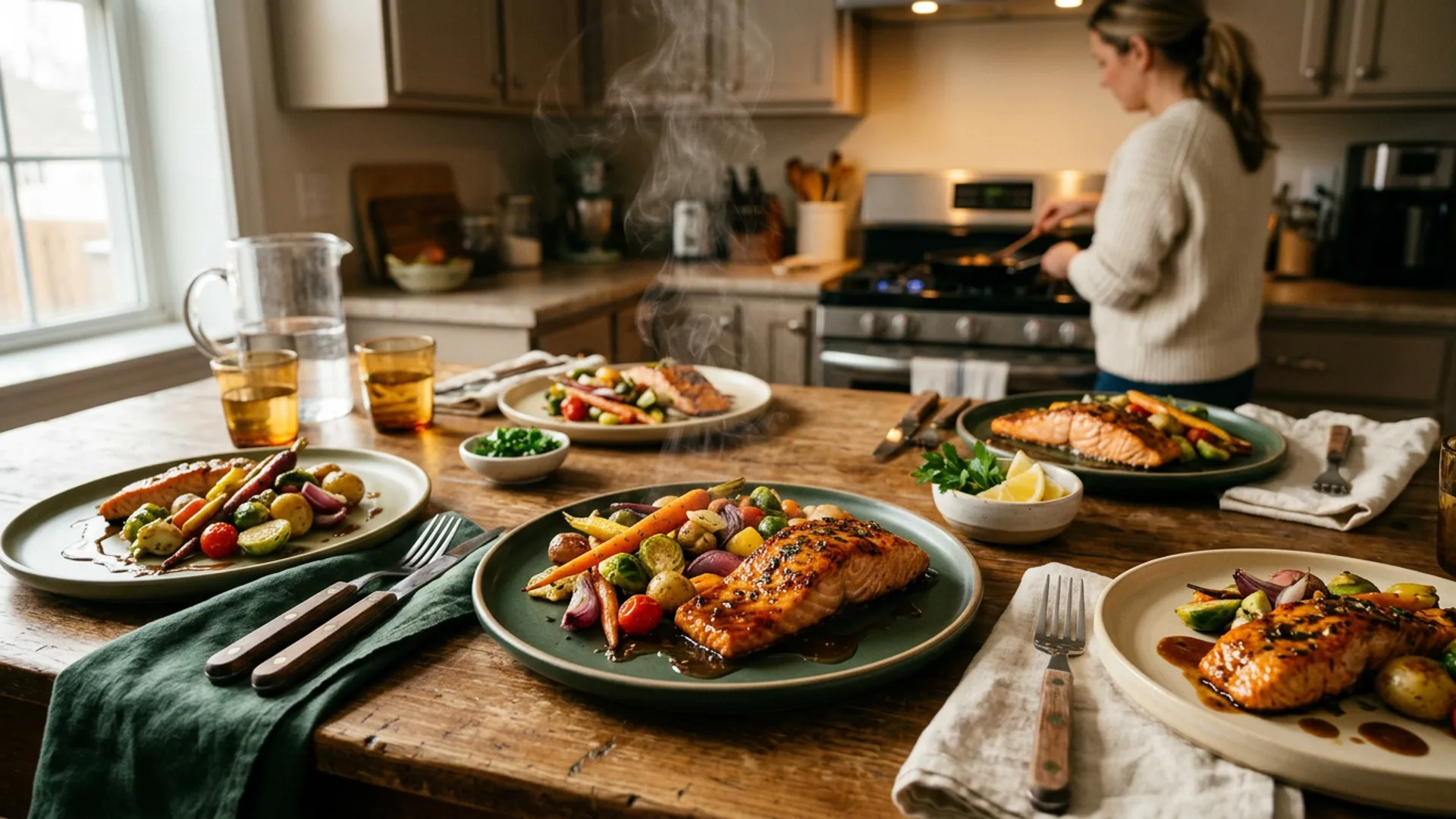 Chef-finished family dinner plated and steaming on a suburban kitchen table